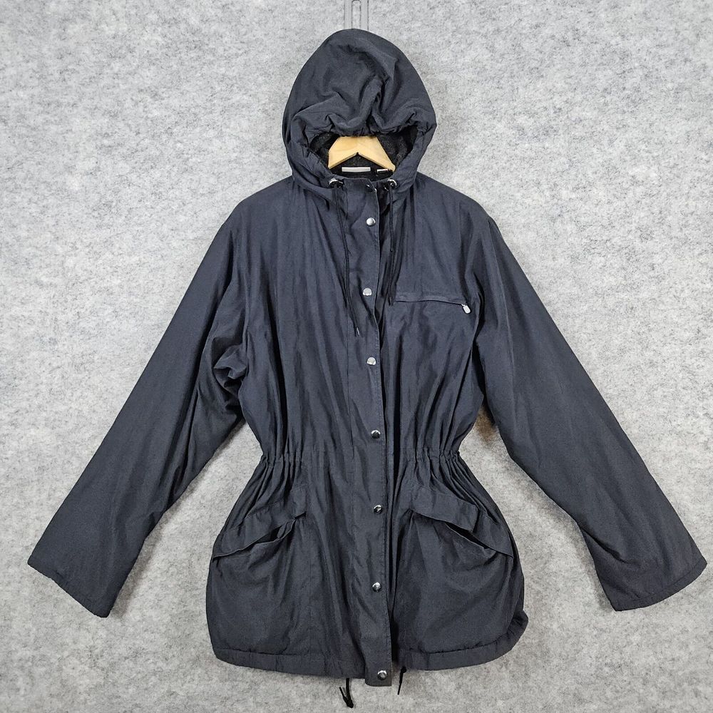 Nordstrom Women's Mid-Length Coat Size L Dark Gray Full Zip Hooded Snap Flap